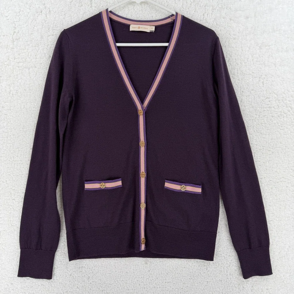 Tory Burch Sweater Cardigan Womens Small Purple 100% Merino Wool V Neck‎ Logo